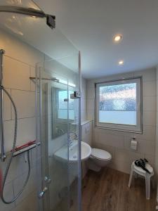 a bathroom with a shower and a sink and a toilet at Apartmenthaus Robbe Luv in Neuharlingersiel