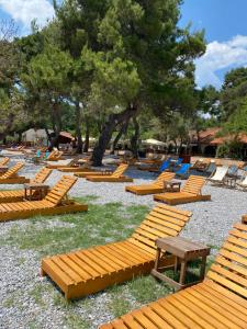 a row of lounge chairs and tables and a tree at Apartments Villa Viktoria in Tivat