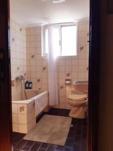 ein Badezimmer mit einer Badewanne, einem WC und einem Waschbecken in der Unterkunft Sunny House in Vathí