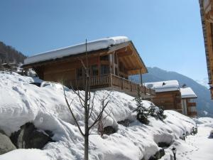 una cabina coperta di neve con un albero davanti di Christoph STANDING & CALM chalet 10 pers by Alpvision Résidences a Veysonnaz