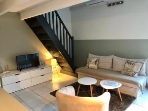 a living room with a couch and a tv at Domaine de Mont Redon in Le Puech