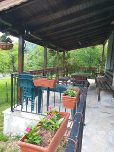 a patio with a table and some plants in pots at Бадевски рай- къща София in Veliko Tŭrnovo
