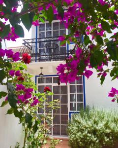 een raam met paarse bloemen ervoor bij Villa Las Campanas in San Juan Teotihuacán