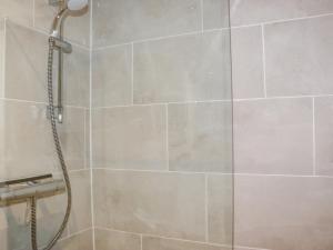 een douche met een douchekop in de badkamer bij Lannlyvri Lodge in Bodmin