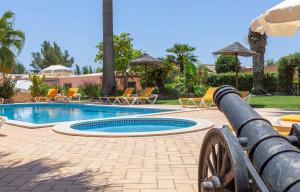 a pool with chairs and umbrellas and a cannon at L - Wellness Farm in Lagos