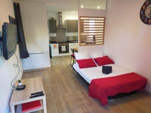 una camera da letto con un letto con cuscini rossi e una TV di Villa Carémeau 1 a Nîmes