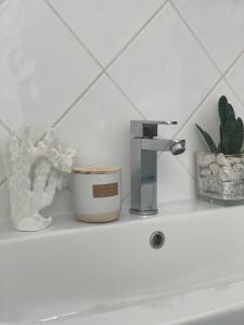 a bathroom sink with a faucet and some plants at Il moro - Casa Vacanze in Terrasini