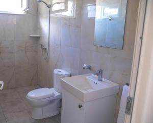 een badkamer met een toilet, een wastafel en een douche bij Hotel Besani in Durrës