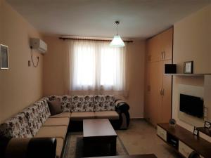 a living room with a couch and a television at Comfortable apartment in Shëngjin