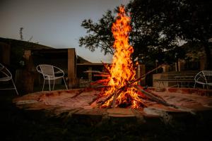 a fire pit in a yard with chairs around it at Witmos Oxwagoncamp in Somerset East