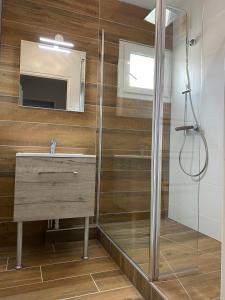 a bathroom with a shower and a sink and a mirror at Océanis face océan in Biscarrosse-Plage
