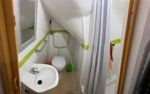 La petite salle de bains est pourvue d'un lavabo et de toilettes. dans l'établissement Faneca Beach Room - Faneca Apartamentos, à Nazaré