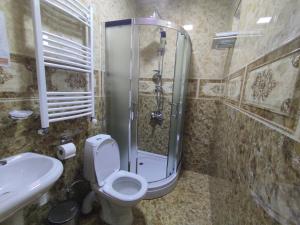 a bathroom with a shower and a toilet and a sink at Kamara Guest House in Stepantsminda