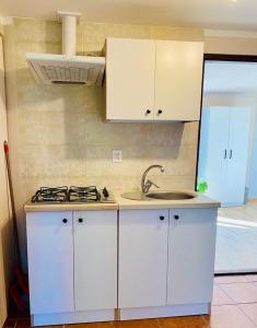 a kitchen with white cabinets and a sink at Apartament Gościnny Zakątek in Sumowo
