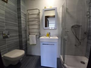 uma casa de banho com um WC, um lavatório e um chuveiro em Квартира апартаменты с авторскими ремонтом em Yuzhne