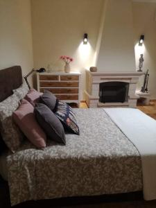 een slaapkamer met een bed met kussens en een open haard bij Família Gaiolas in Marinhais