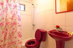 a bathroom with a red toilet and a sink at Cabañas Nua e Koro in Hanga Roa