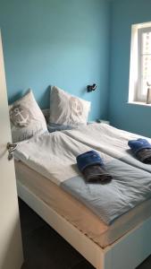 a bedroom with a bed with blue walls at Dat Ankerhuus Timmel in Großefehn 