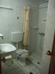 a bathroom with a toilet and a shower and a sink at Elli Studios in Pythagoreio +52 photos