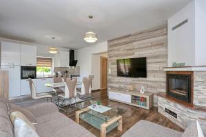 ein Wohnzimmer mit Sofa und Kamin in der Unterkunft Apartments Laguna in Nin