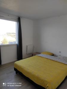 sypialnia z żółtym łóżkiem i oknem w obiekcie Appartement Futuroscope-E' w mieście Chasseneuil-du-Poitou
