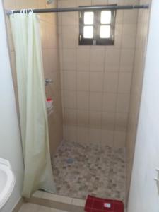 um chuveiro com uma cortina de chuveiro e um lavatório em Loreto La Regional em Loreto