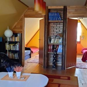 a living room with a room with bookshelves at Klimatyczny domek blisko natury na Podlasiu - Wysokie Laski 9! in Sokółka