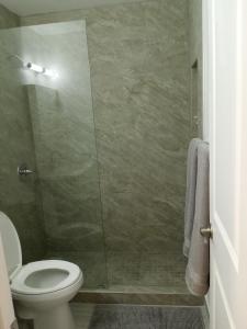 Un baño con inodoro y ducha de cristal. en Tropical Hideaway!, en Fort Lauderdale 24 fotos más