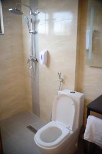 a bathroom with a white toilet and a shower at Mazeki Addis Boutique Hotel in Addis Ababa