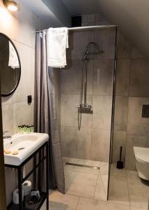 W łazience znajduje się prysznic i umywalka. w obiekcie Hotel KAVKA & Restauracja w mieście Czersk Pomorski