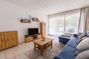 a living room with a blue couch and a tv at Villa Anna ll App 73 in Sankt Peter-Ording