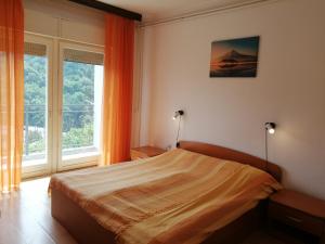 a bedroom with a bed and a large window at Apartments Branka in Ika