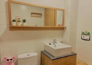 a bathroom with a sink and a mirror and a toilet at Apartamento IBÓN in Benasque