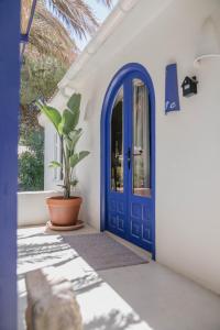 een blauwe deur in een witte kamer met een potplant bij Quinta la Sal in Jávea