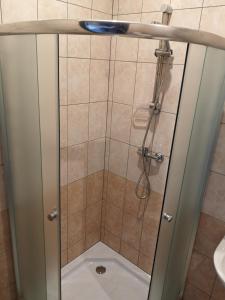 a shower with a glass door in a bathroom at Pas Nerijų in Skuodas +38 photos