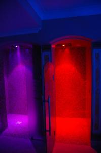 フィウッジにあるHotel Argentina & SPAの赤紫の照明とドア付きの部屋