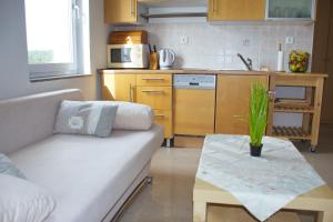 a living room with a couch and a table in a kitchen at Apartment Noel in Novalja