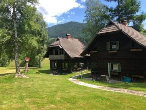 ein Blockhaus und ein Haus auf einem Feld in der Unterkunft Ferienhaus Marktl in Gnesau