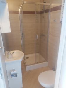a bathroom with a shower and a toilet and a sink at OperaHostel in Bydgoszcz