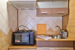 a microwave sitting on a counter next to a sink at Fotini Studios in Paleokastritsa