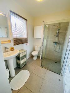 ビスカロッスにあるA1 RÉSIDENCE LES PALOMBES -035のバスルーム(シャワー、洗面台、トイレ付)