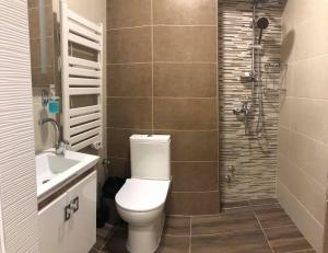a bathroom with a toilet and a sink and a shower at Apartment N & N in Struga +12 photos