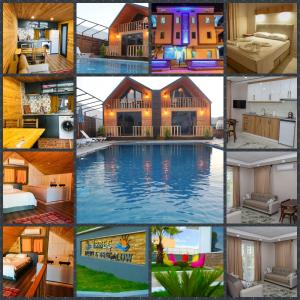 un collage de fotos de una casa y una piscina en İRBEÇ APART & BUNGALOW, en Demre