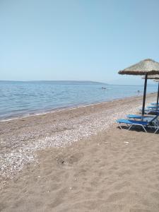 two lounge chairs and an umbrella on a beach at Πενυ Καντια 1ος Ν 4 in Kandia