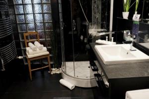 uma casa de banho com um chuveiro e um lavatório. em Serene City Centre Apartment Budapest em Budapeste