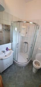a bathroom with a shower and a toilet and a sink at Apartmani Barbara App1 in Vinjerac