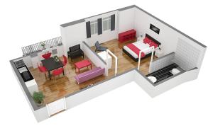 a rendering of a living room and dining room at HITrental Oerlikon Apartments in Zurich