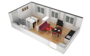 a rendering of a living room and kitchen in a tiny house w obiekcie HITrental Stauffacher Apartments w Zurychu