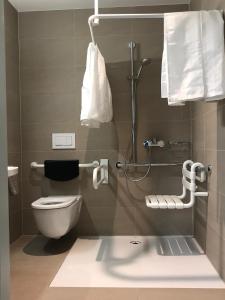 a bathroom with a toilet and a shower at HITrental Messe Apartments in Basel