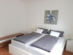 Una cama blanca con dos almohadas grises. en Ferienwohnung im Springerhof, en Lohr